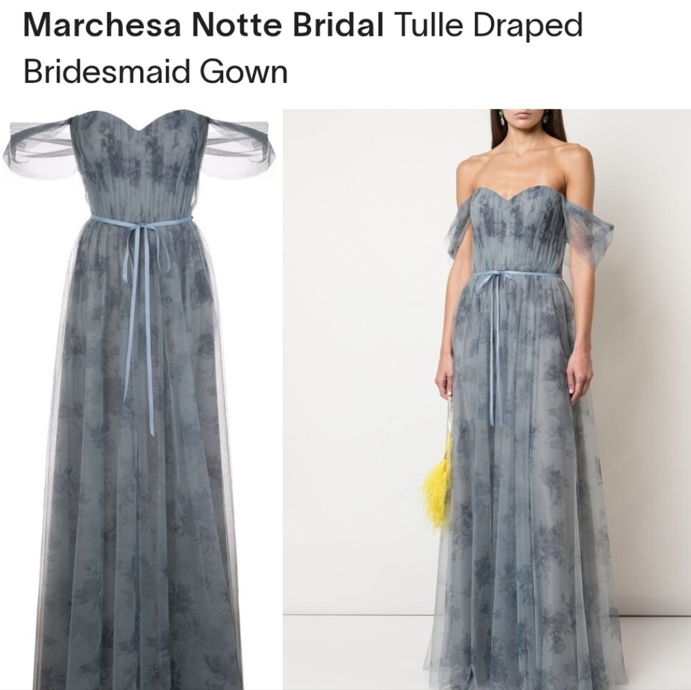 Marchesa Notte Blue Tulle Draped Gown Size 14